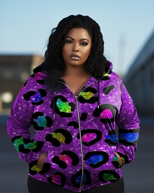 Women's Plus Size Graffiti Purple Leopard Print Long Sleeve Zip Hoodie