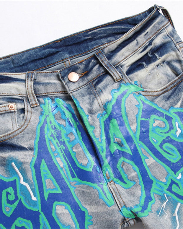 Men's Punk Trendy Vintage Blue Ripped Long Jeans