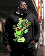 Men's Large Size Casual Hip Hop Black Funny Bear Hoodie Two Piece Set