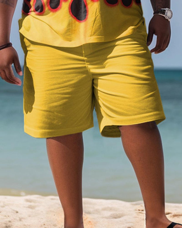 Men's Plus Size Beach Hawaiian Yellow Flame Print Two-Piece Set