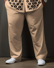 Plus Size Men's Khaki Plaid Plus Size Gradient Long Sleeve Walking Suit