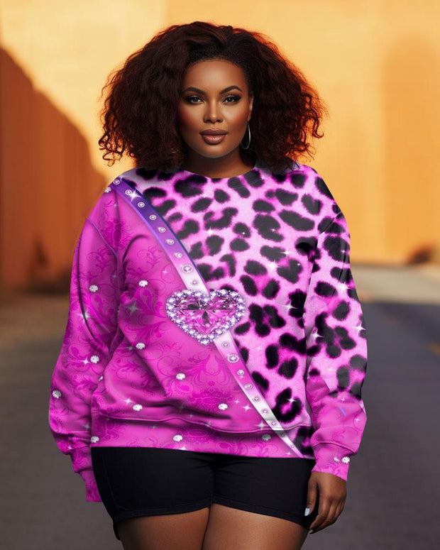 Women's Plus Size Colorblock Leopard Print Graffiti Crew Neck Long Sleeve Sweatshirt