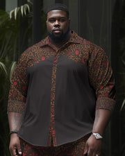 Men's Plus Size Color Block Check Long Sleeve Lapel Shirt Two-Piece Set