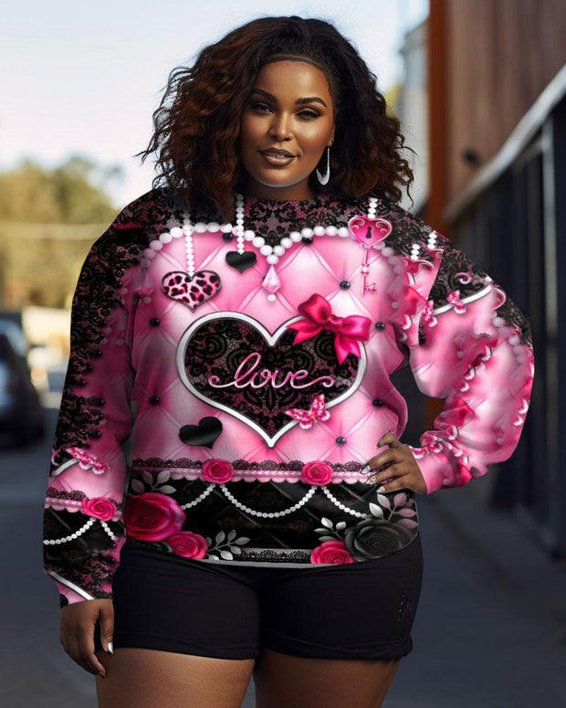 Women's Plus Size Graffiti Heart Pearl Leopard Print Crew Neck Long Sleeve Sweatshirt