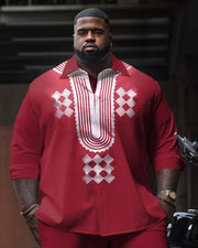 Men's Plus Size Ethnic Pattern Long Sleeve Shirt Two-Piece Set
