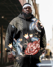 Men's Plus Size Casual Hip Hop Floral Hoodie Two-Piece Set