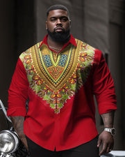 Plus Size Ethnic Men's Noble Royal Long Sleeve Lapel Collar Shirt
