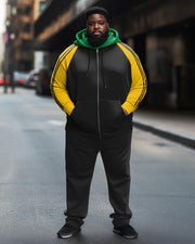 Men's Plus Size Casual Color Block Sports Zip Hoodie Set