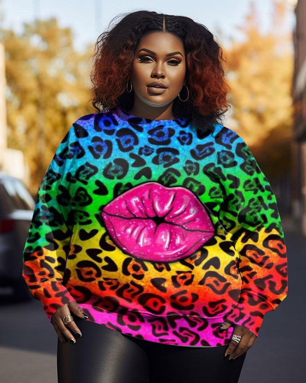 Women's Plus Size Graffiti Colorful Leopard Lips Crew Neck Long Sleeve Sweatshirt