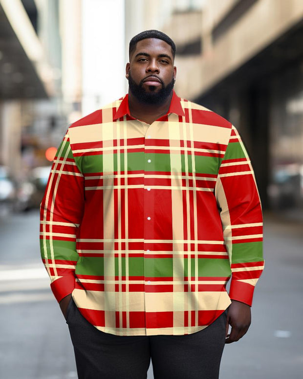 Men's Casual Plus Size Classic Red Check Long Sleeve Lapel Shirt