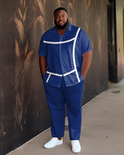 Men's Blue Stripe Gradient Short Sleeve Walking Suit