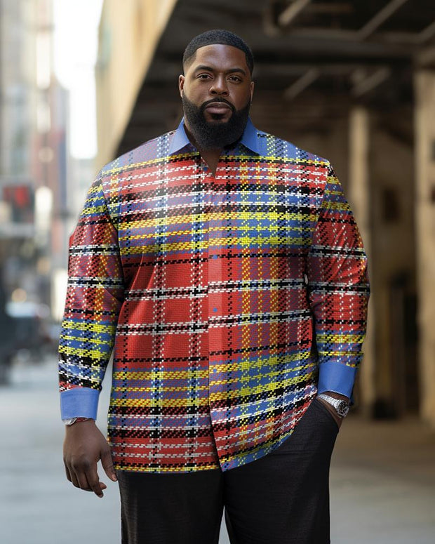 Men's Plus Size Red and Blue Plaid Long Sleeve Lapel Long Sleeve Shirts