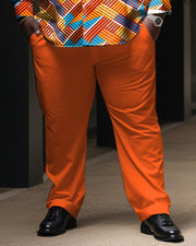 Men's Plus Size Orange Graphic Long Sleeve Lapel Shirt Set