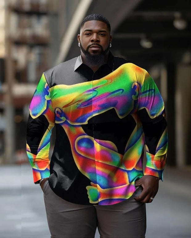 Men's Plus Size Pop Style Street Face Color Block Long Sleeve Shirt