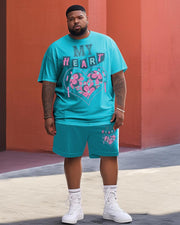 Men's Plus Size My Heart  Street Cartoon Color Block Graffiti Short-Sleeved Shorts Suit