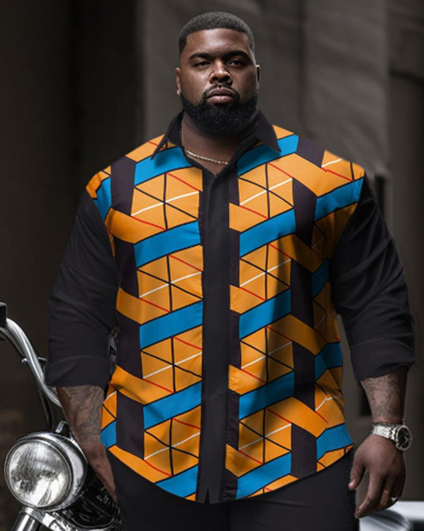 Plus Size Ethnic Style Men's Color Block Irregular Long Sleeve Lapel Collar Shirt Two-piece Set