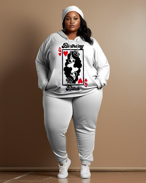 Women's Large Size Simple Style Birthday Queen Bitch Hoodie and Sweatpants Set