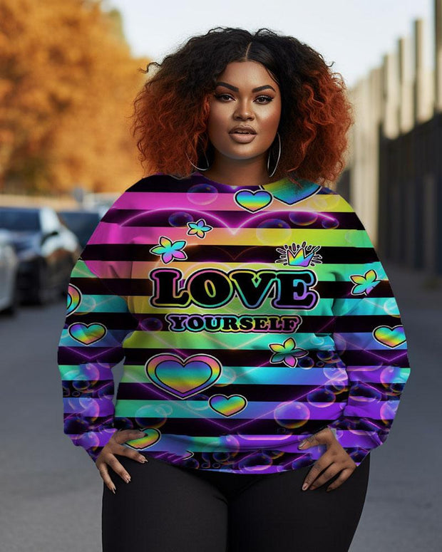 Women's Plus Size Love Colorful Stripe Graffiti Round Neck Long Sleeve Sweatshirt