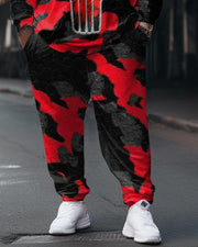Men's Camouflage Red and Black Skull Large Size Sweatshirt Two-Piece Set