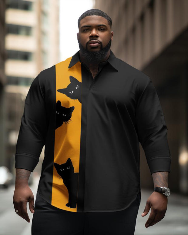 Men's Plus Size Casual Black Cat Bowling Long Sleeve Lapel Long Sleeve Shirt