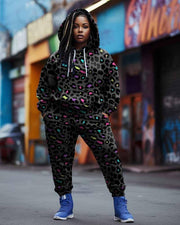 Women's Plus Size Graffiti Colorful Leopard Print Hoodie Set