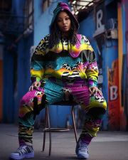 Women's Plus Size Colorful Milk Leopard Graffiti Hoodie Set