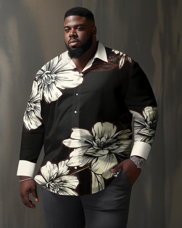 Men's Plus Size Casual Flowers Long Sleeve Lapel Long Sleeve Shirt