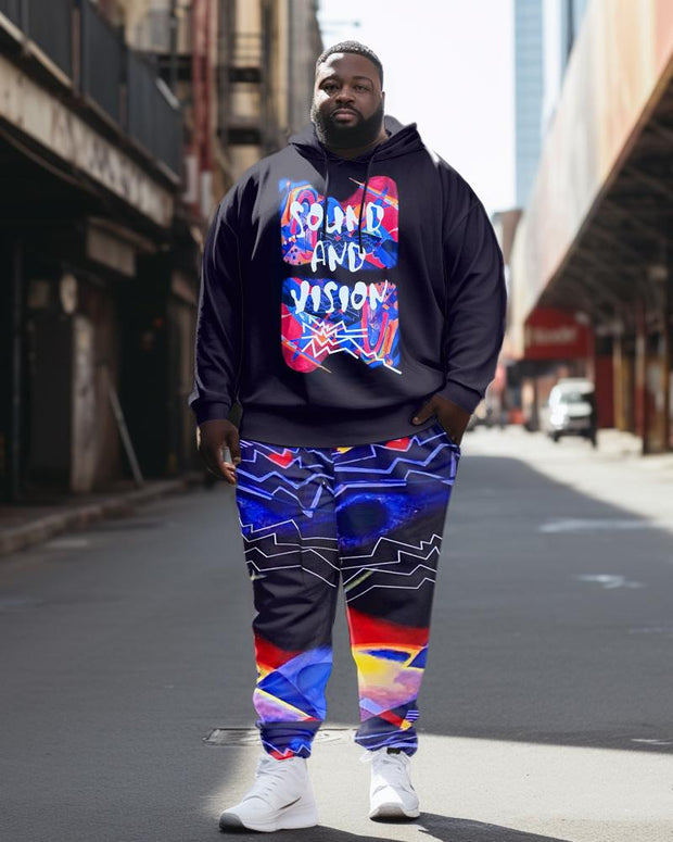 Men's Plus Size Casual Hip Hop Sound And Vision Hoodie Two Piece Set