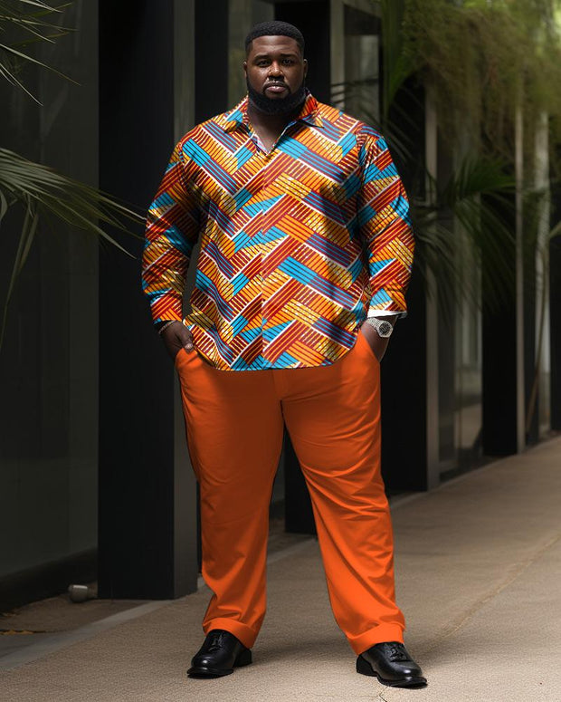 Men's Plus Size Orange Graphic Long Sleeve Lapel Shirt Set