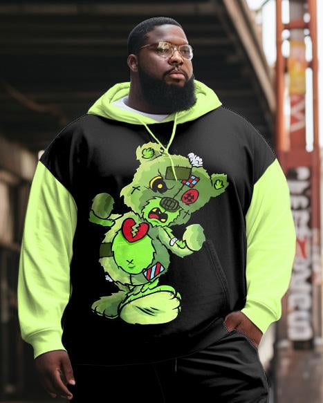 Men's Large Size Casual Hip Hop Color Block Bear Hoodie Two Piece Set