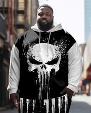 Men's Plus Size Casual Hip Hop Skull Splash Ink Hoodie Two Piece Set