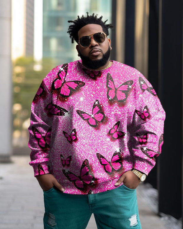 Men's Plus Size Casual Pink Artistic Butterfly Sweatshirt