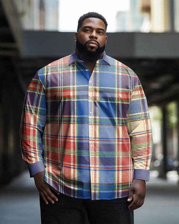 Men's Plus Size Red And Blue Color-Block Check Pattern Long-Sleeved Lapel Long-Sleeved Shirt