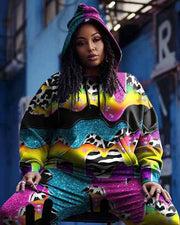 Women's Plus Size Colorful Milk Leopard Graffiti Hoodie Set