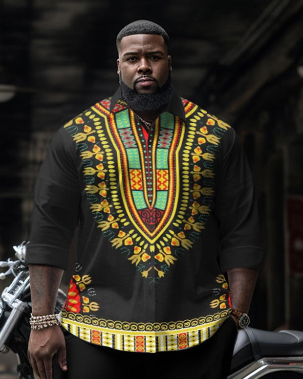 Men's Plus Size Ethnic Rhombus Long Sleeve Shirt Two-Piece Set