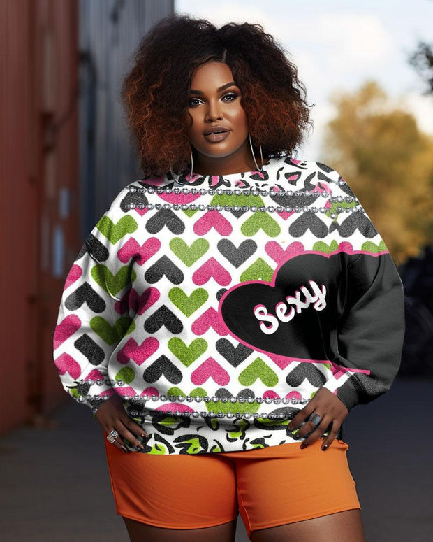 Women's Plus Size Heart Colorful Graffiti Crew Neck Long Sleeve Sweatshirt