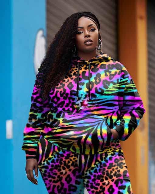 Women's Plus Size Street Graffiti Colorful Leopard Print Hoodie Set