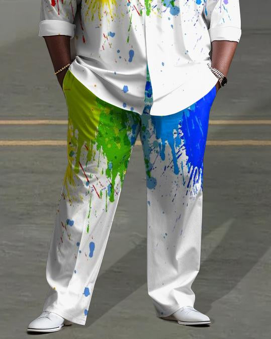 Men's Plus Size Watercolor Splash Ink Long Sleeve Lapel 2 Shirt Set