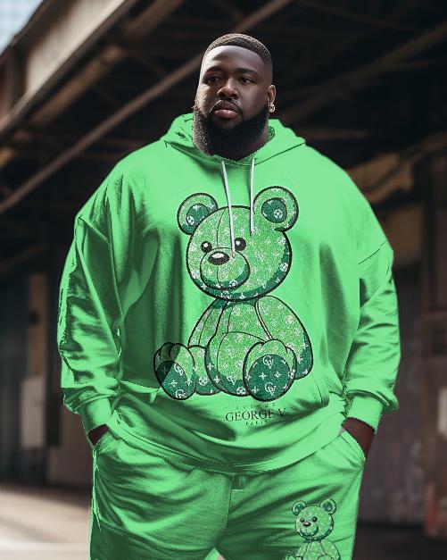 Men's Plus Size Fluorescent Brown Bear Hoodie and Sweatpants Two Piece Set