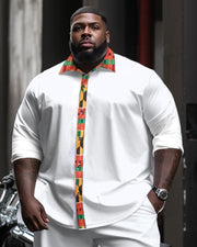 Plus Size Ethnic Style Men's White Patchwork Long Sleeve Lapel Shirt Two-Piece Set