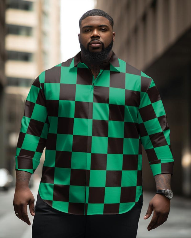 Men's Plus Size National Style Green Plaid Long Sleeve Lapel Long Sleeve Shirt