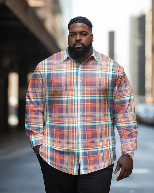 Men's Casual Plus Size Pink Color Block Check Long Sleeve Lapel Shirt