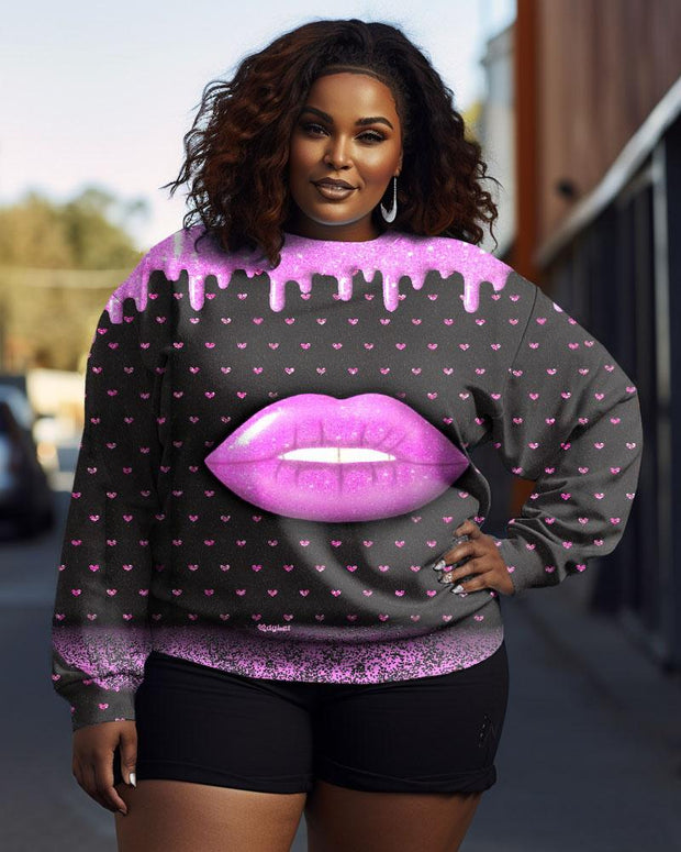 Women's Plus Size Graffiti Lips Polka Dot Crew Neck Long Sleeve Sweatshirt
