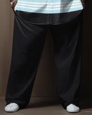 Men's Casual Plus Size Gentleman Blue Black Striped Color Block Lapel Shirt Two-Piece Set