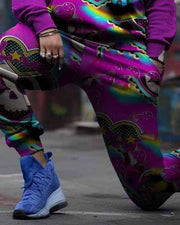 Women's Plus Size Graffiti Rainbow Butterfly Skull Hoodie Set