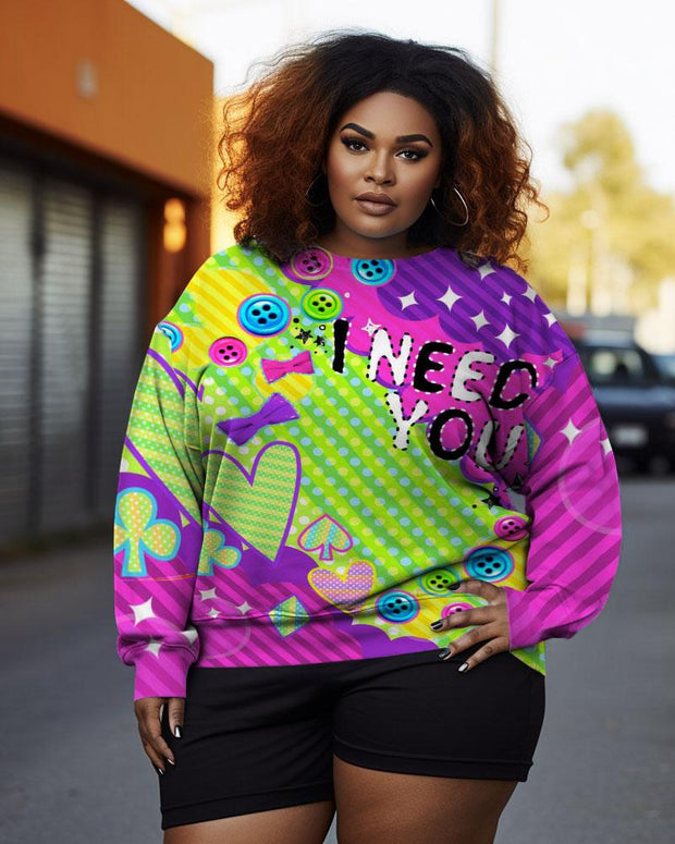 Women's Plus Size Color Block Heart Color Graffiti Crew Neck Long Sleeve Sweatshirt