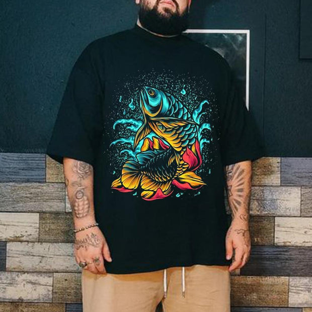 Comic personality dragon fish print plus size men's short-sleeved T-shirt