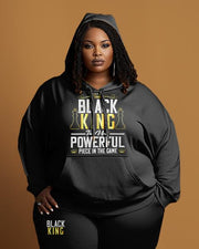 Women's Large Size Simple Style Black King Power Hoodie and Sweatpants Set