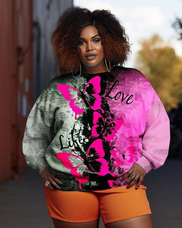 Women's Plus Size Color Block Butterfly Lips Graffiti Crew Neck Long Sleeve Sweatshirt