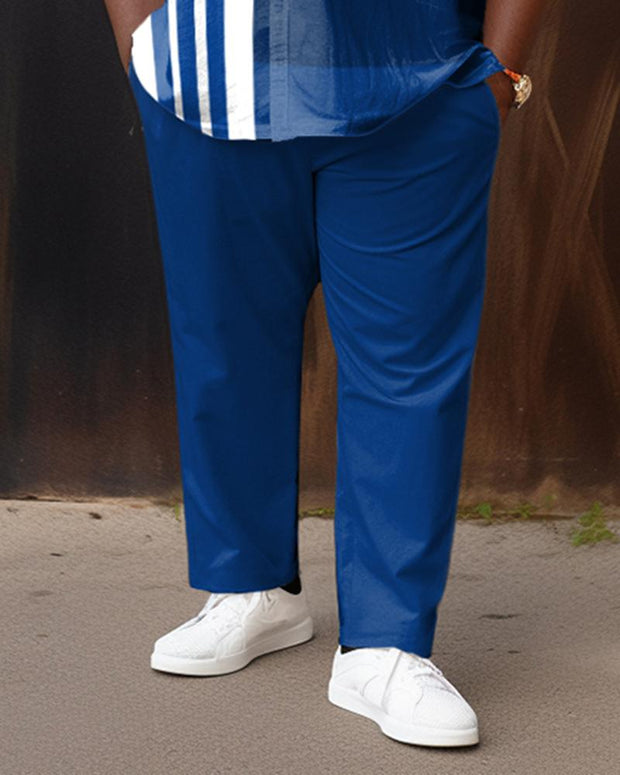 Men's Plus Size Blue Line Color Matching Gradient Short Sleeve Walking Suit